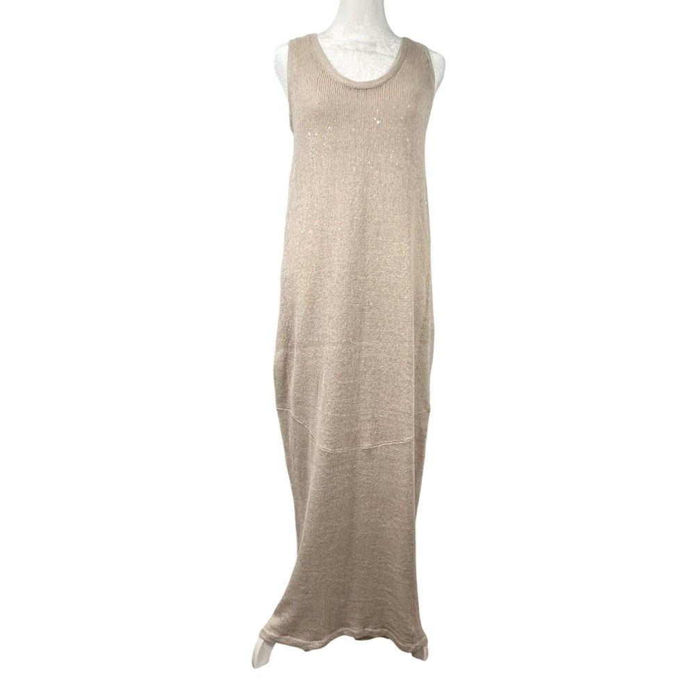 Brunello Cucinelli Beige Sequin 2pc Silk Knit Maxi Dress Italy Luxury Womens M